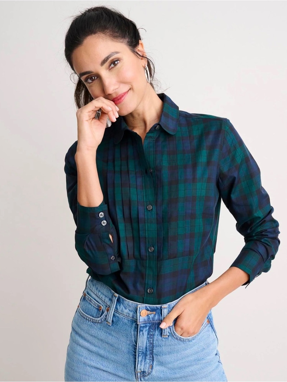 UNTUCKit Belinda Tuxedo Shirt blackwatch plaid pattern